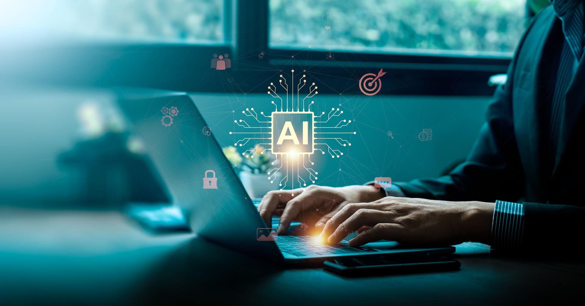 Business Professional Using Artificial Intelligence Technology on Laptop with AI Chip and Digital Circuit Interface Representing Innovation, Machine Learning, and Future Automation