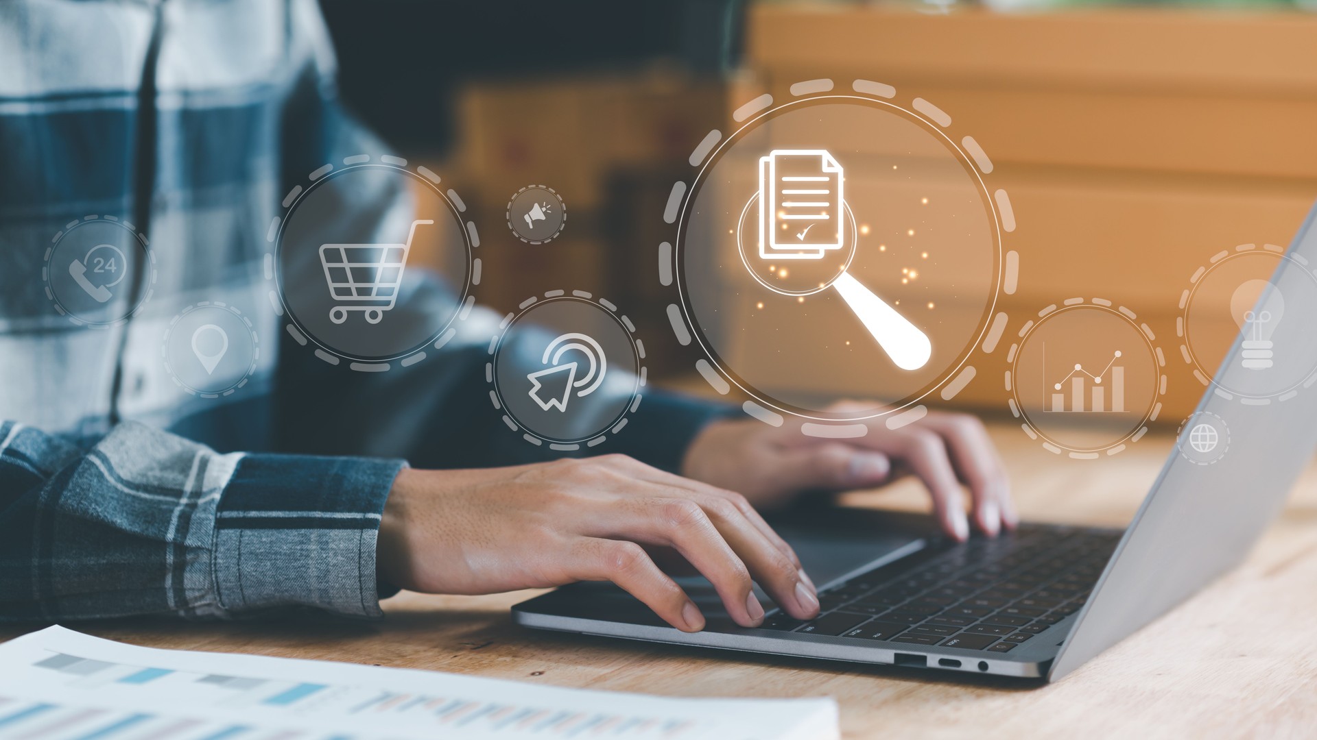 Startup Analyzing and examining online product sales business reports ,with charts and market statistics ,shopping cart and promotional items ,management and auditing of documents ,E-commerce concept